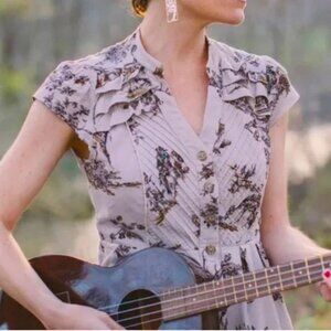 RARE Maeve Anthropologie Southward Stop Dress Deer Woodland Birds Animal Print 6